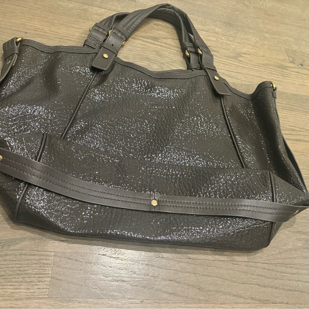 Marc By Marc Jacobs Turnlock Shine Fran XL Tote Bag Patent Gray Leather Brown - Picture 10 of 12